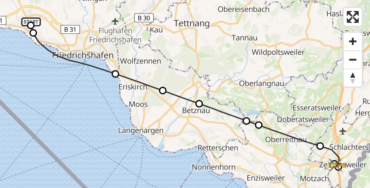 Flugroute Rettungshubschrauber Friedrichshafen Hospital - Weißensberg, 22 Mai 2026, 17:33