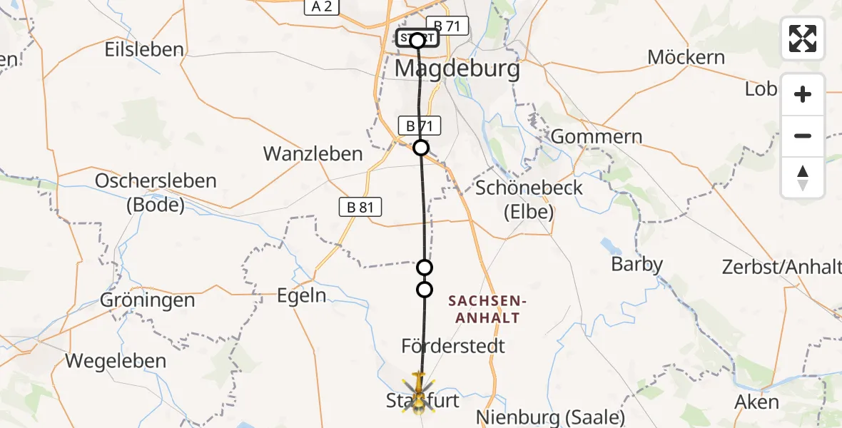 Flugroute Rettungshubschrauber Magdeburg Hospital - Staßfurt, 22 Mai 2026, 17:39