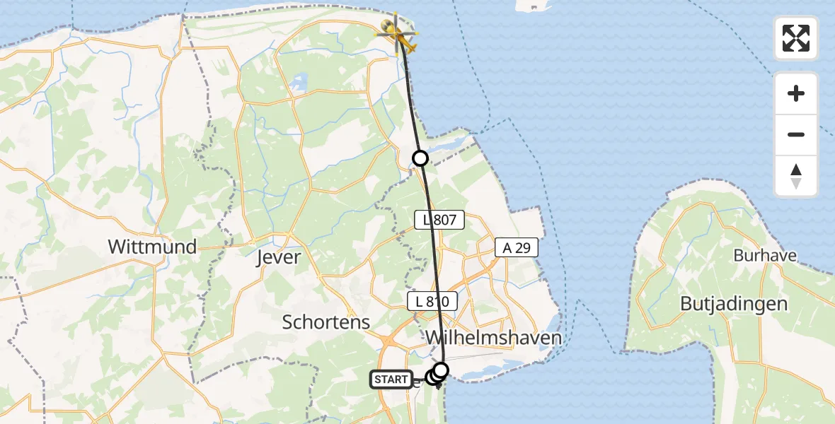 Flugroute Rettungshubschrauber Sande - Wangerland, 22 Mai 2026, 17:41