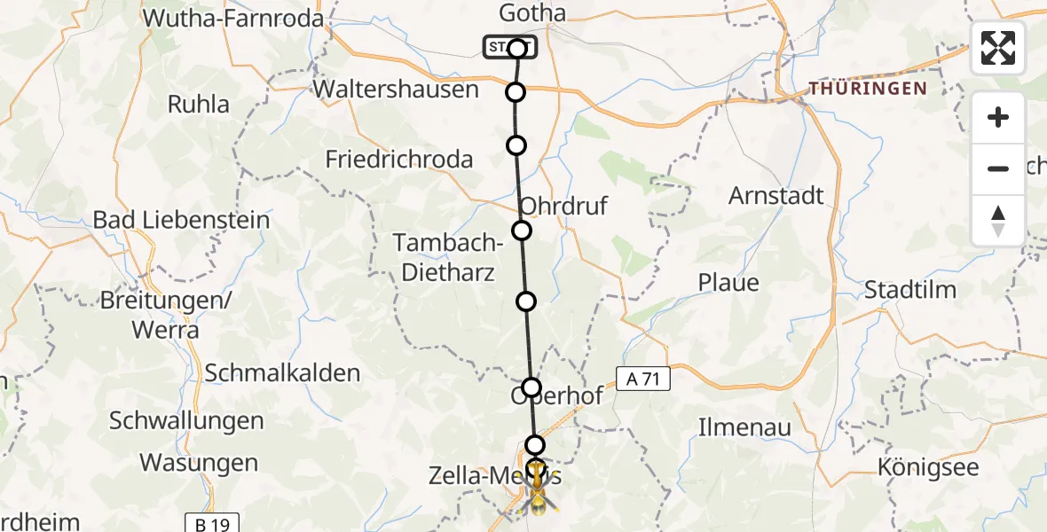 Flugroute Rettungshubschrauber Helios Clinic Gotha - Suhl, 22 Mai 2026, 17:47
