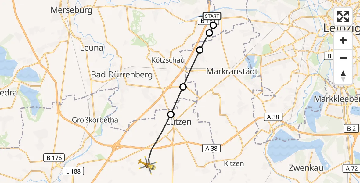 Flugroute Rettungshubschrauber ADAC Air Rescue Station Leipzig/Schkeuditz-Dölzig Hubschrauberlandeplatz (Christoph 61) - Lützen, 22 Mai 2026, 17:52