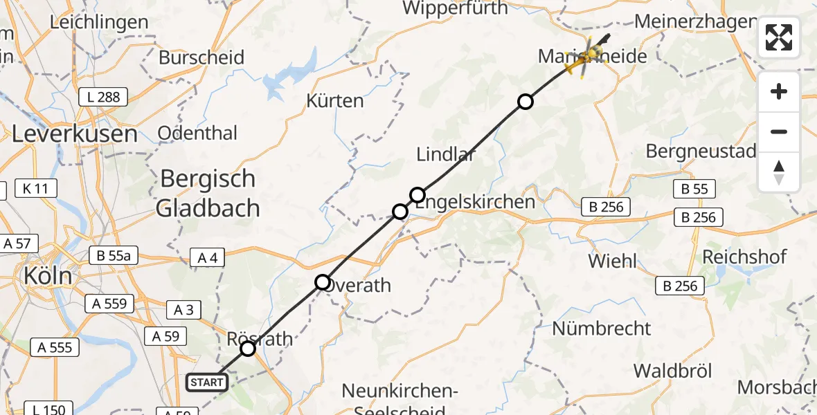 Flugroute Rettungshubschrauber Köln Bonn Flughafen - Marienheide, 22 Mai 2026, 17:52