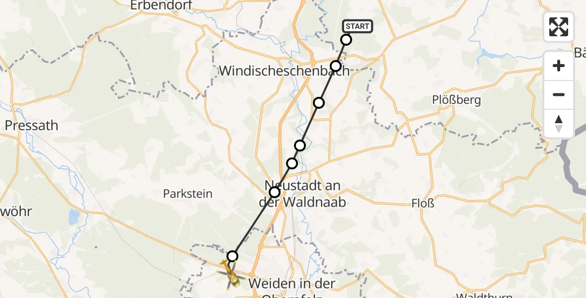 Flugroute Rettungshubschrauber Falkenberg - Weiden i.d.OPf., 22 Mai 2026, 17:54