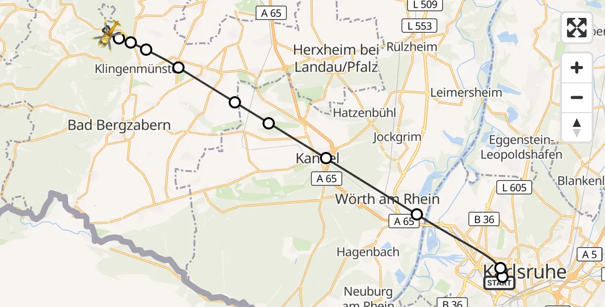 Flugroute Rettungshubschrauber Sankt Vincentius Hospital - Waldhambach, 22 Mai 2026, 17:56