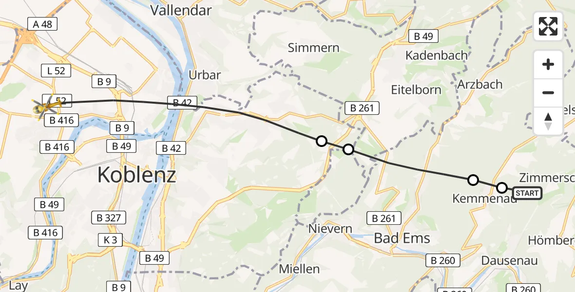 Flugroute Rettungshubschrauber Dausenau - Koblenz, 22 Mai 2026, 17:56