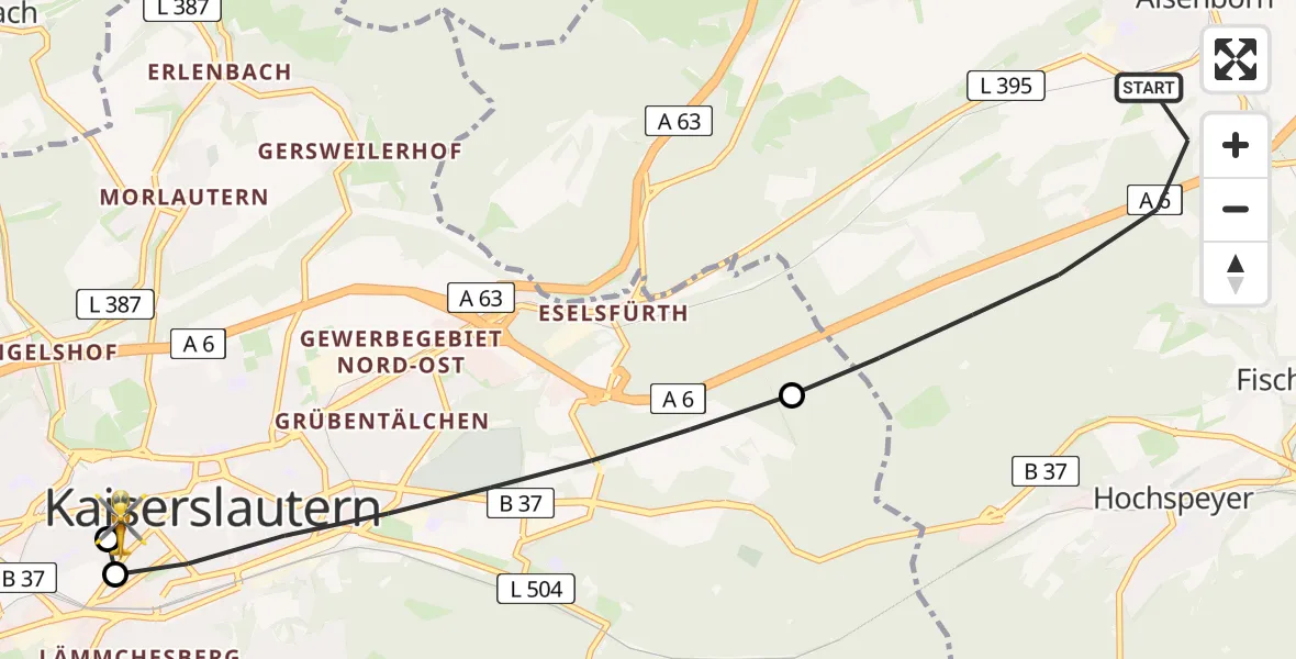 Flugroute Rettungshubschrauber Enkenbach-Alsenborn - Westpfalz Hospital Kaiserslautern, 22 Mai 2026, 18:00