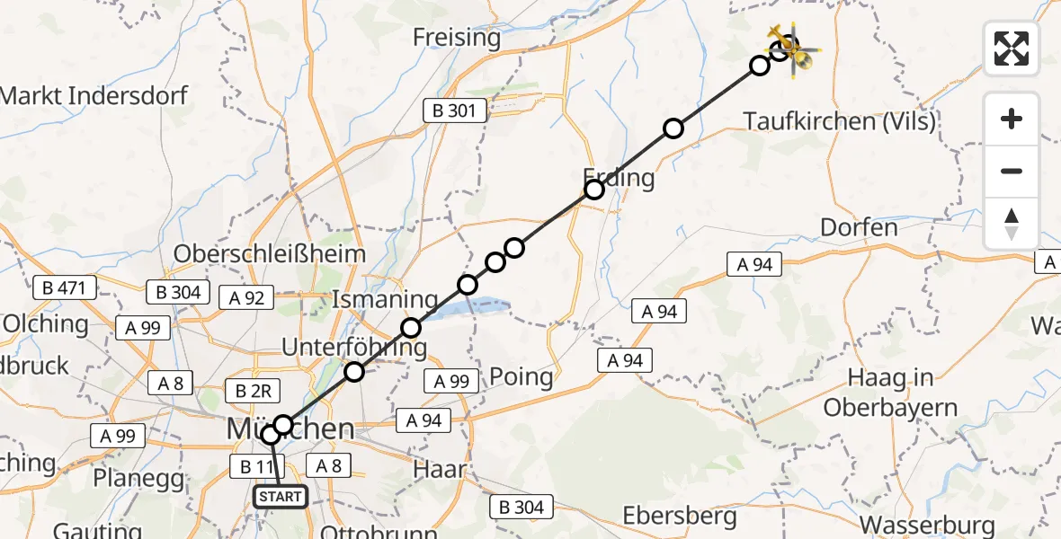 Flugroute Rettungshubschrauber München - Steinkirchen, 22 Mai 2026, 18:01