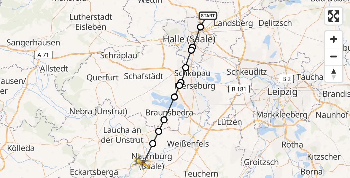 Flugroute Rettungshubschrauber Landsberg - Naumburg (Saale), 22 Mai 2026, 18:06