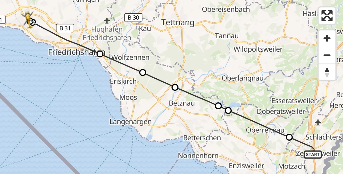 Flugroute Rettungshubschrauber Weißensberg - Friedrichshafen Hospital, 22 Mai 2026, 18:09