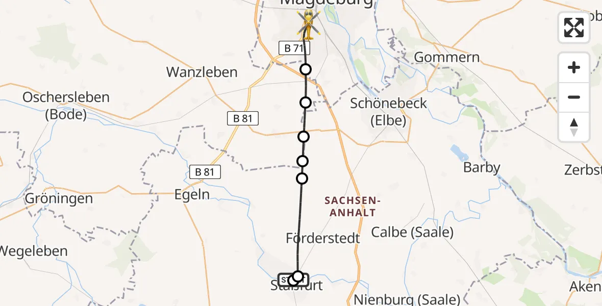 Flugroute Rettungshubschrauber Staßfurt - Magdeburg, 22 Mai 2026, 18:16