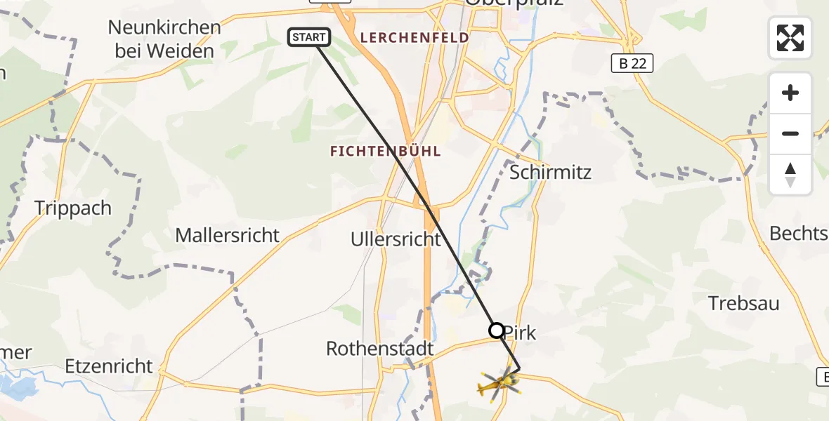 Flugroute Rettungshubschrauber Weiden i.d.OPf. - Pirk, 22 Mai 2026, 18:16