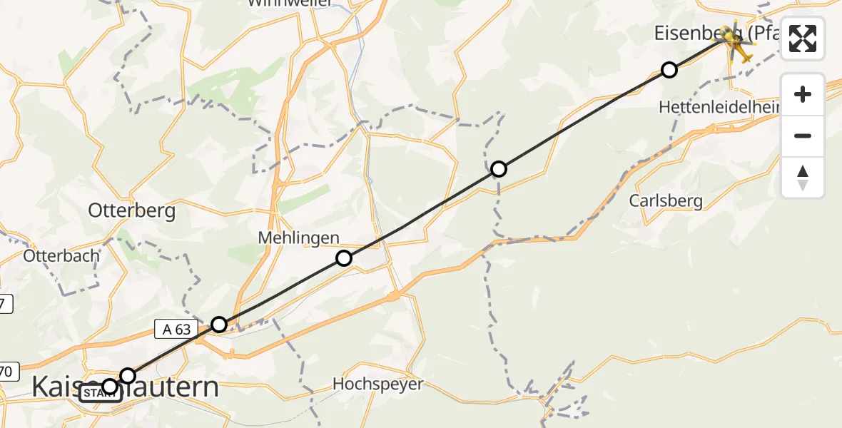 Flugroute Rettungshubschrauber Westpfalz Hospital Kaiserslautern - Eisenberg (Pfalz), 22 Mai 2026, 18:24