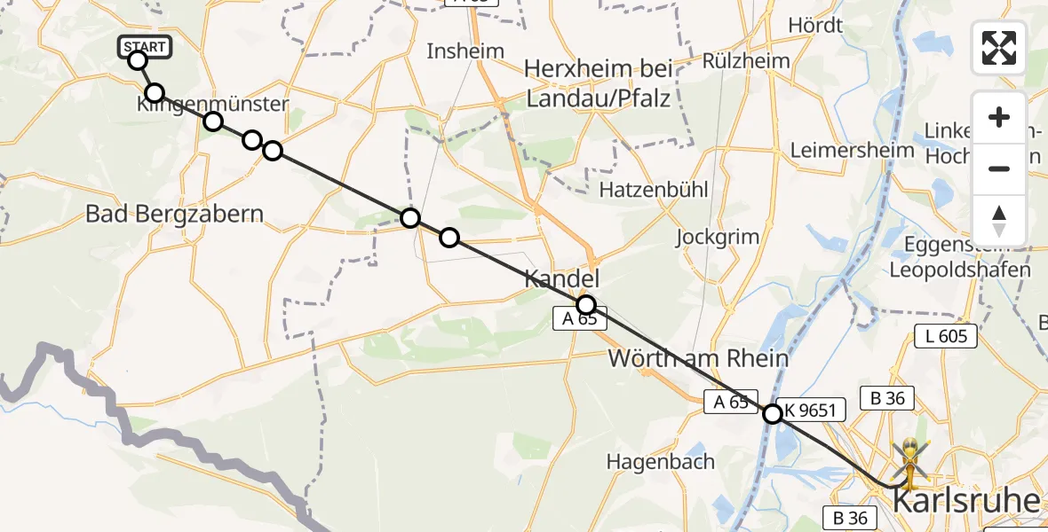 Flugroute Rettungshubschrauber Waldhambach - Karlsruhe, 22 Mai 2026, 18:26