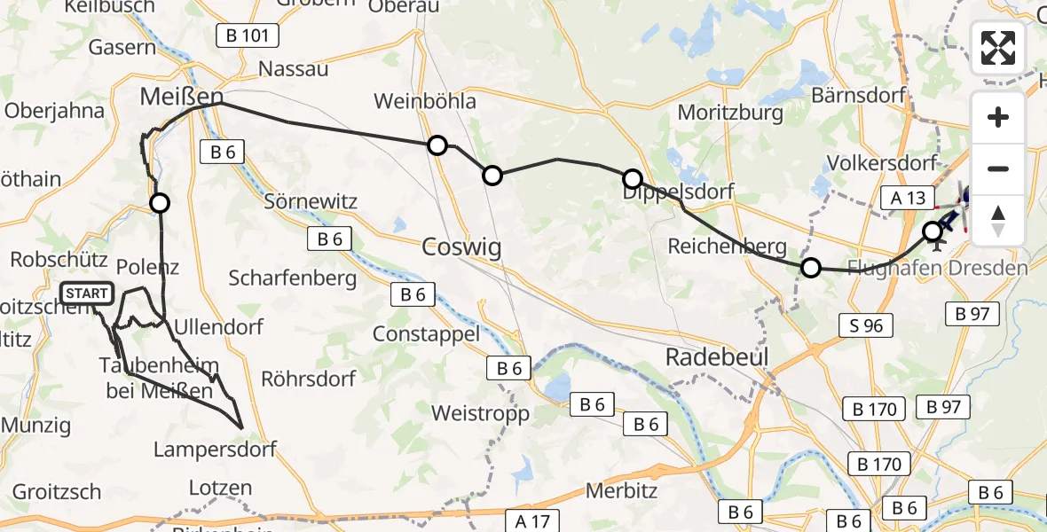Flugroute Polizeihubschrauber Klipphausen - Dresden Flughafen, 22 Mai 2026, 18:27
