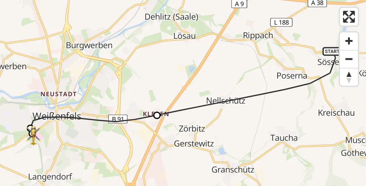 Flugroute Rettungshubschrauber Lützen - Asklepios Clinic Weißenfels, 22 Mai 2026, 18:27