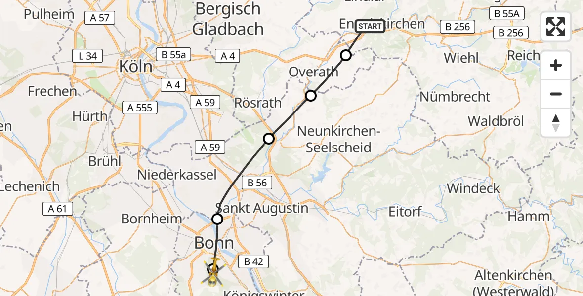 Flugroute Rettungshubschrauber Engelskirchen - Bonn University Hospital, 22 Mai 2026, 18:28