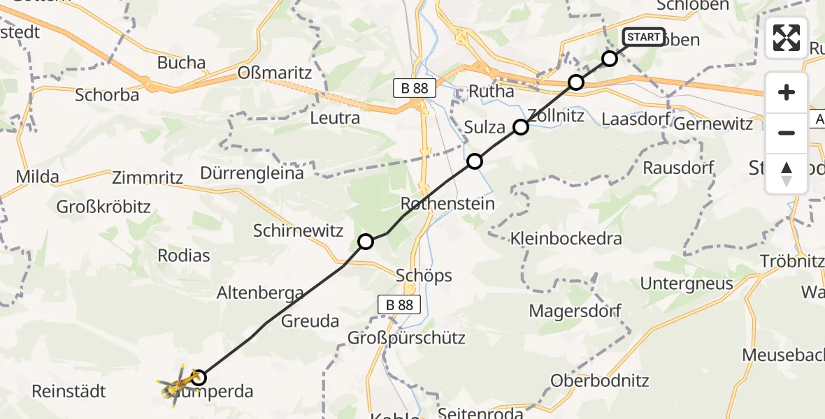 Flugroute Rettungshubschrauber Schlöben - Gumperda, 22 Mai 2026, 18:28