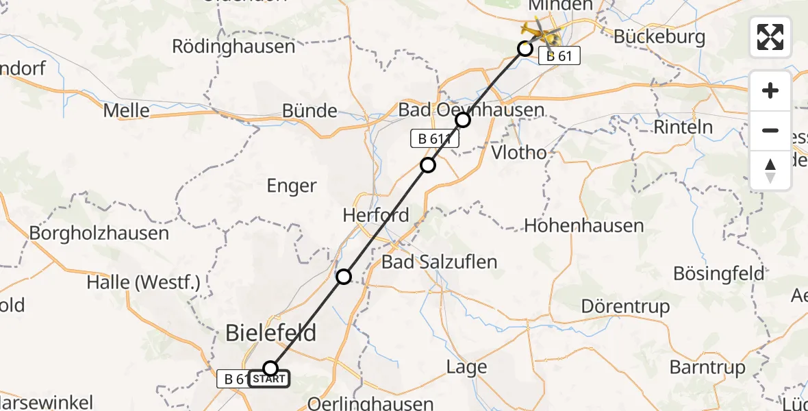 Flugroute Rettungshubschrauber Luftrettungszentrum Bielefeld - Minden, 22 Mai 2026, 18:29