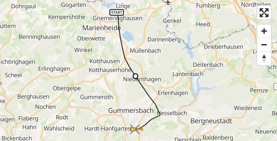 Flugroute Rettungshubschrauber Marienheide - Gummersbach, 22 Mai 2026, 18:34