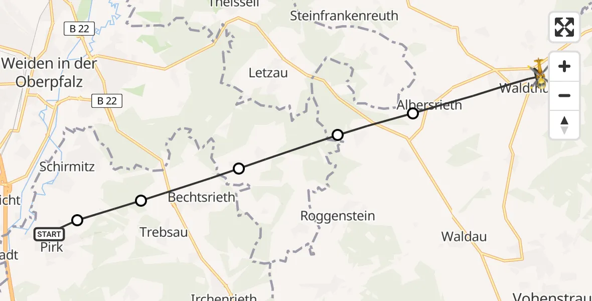Flugroute Rettungshubschrauber Pirk - Waldthurn, 22 Mai 2026, 18:40