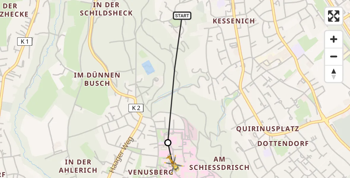 Flugroute Rettungshubschrauber Bonn - Bonn University Hospital, 22 Mai 2026, 18:42