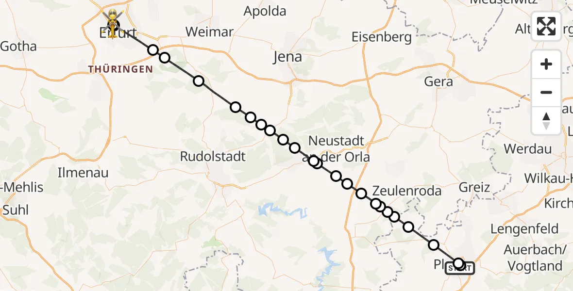 Flugroute Rettungshubschrauber Helios Clinic Plauen - Helios Clinic Erfurt, 22 Mai 2026, 18:42