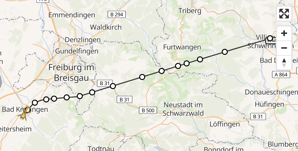 Flugroute Ambulanzhubschrauber DRF Air Rescue Station Villingen-Schwenningen Hubschrauberlandeplatz (Christoph 11) - Bad Krozingen, 22 Mai 2026, 18:47