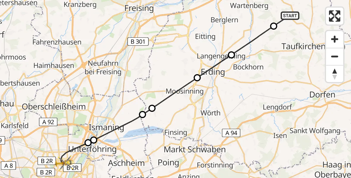 Flugroute Rettungshubschrauber Steinkirchen - München, 22 Mai 2026, 18:49