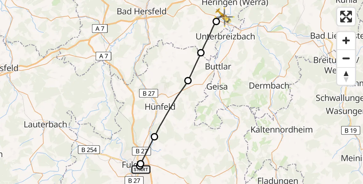 Flugroute Rettungshubschrauber Fulda Hospital - Philippsthal (Werra), 22 Mai 2026, 18:56