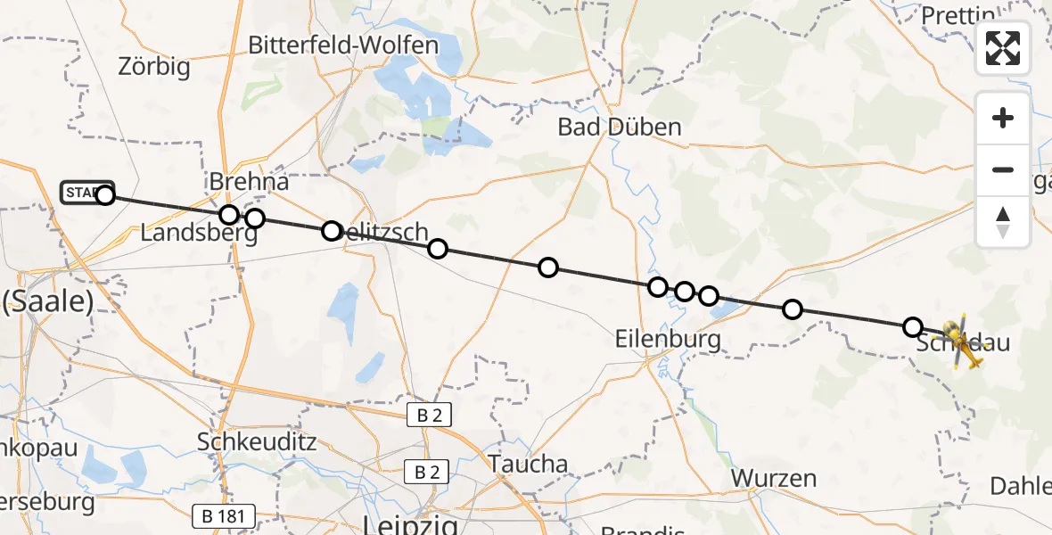 Flugroute Rettungshubschrauber Halle-Oppin Flugplatz - Belgern-Schildau, 22 Mai 2026, 18:57