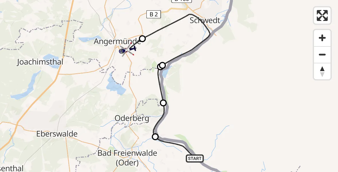 Flugroute Polizeihubschrauber Oderaue - Angermünde, 22 Mai 2026, 18:58