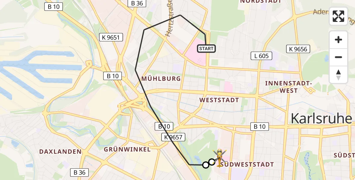 Flugroute Rettungshubschrauber Karlsruhe - Sankt Vincentius Hospital, 22 Mai 2026, 19:00