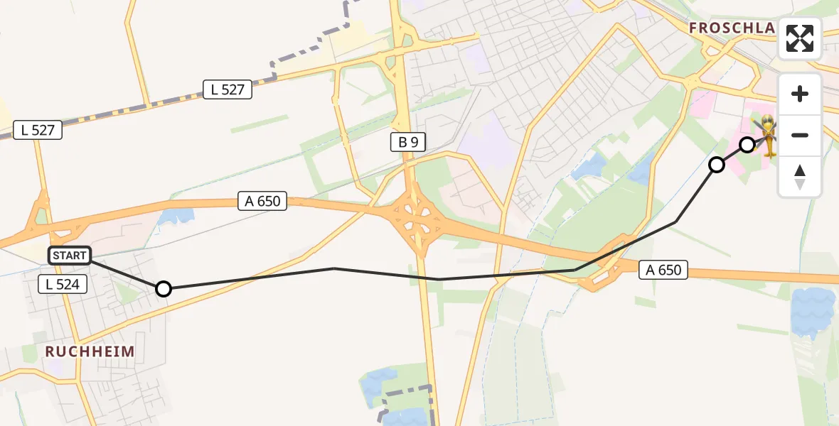 Flugroute Rettungshubschrauber Autobahnpolizei Ruchheim Hubschrauberlandeplatz - Ludwigshafen Accident Hospital, 22 Mai 2026, 19:00
