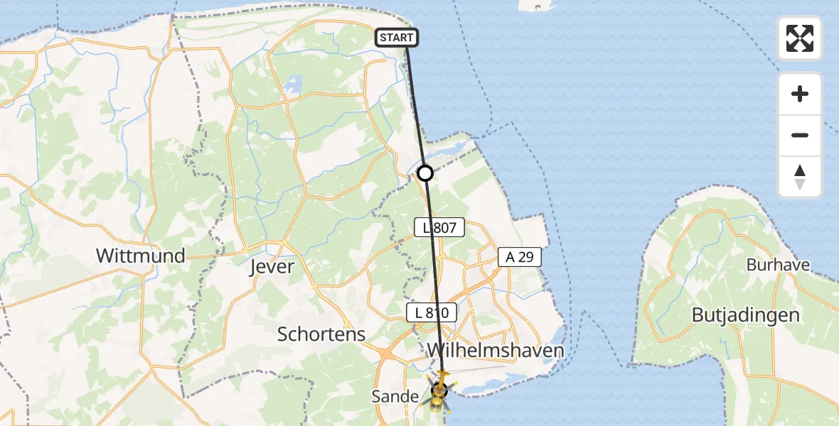 Flugroute Rettungshubschrauber Wangerland - JadeWeser Flughafen, 22 Mai 2026, 19:01