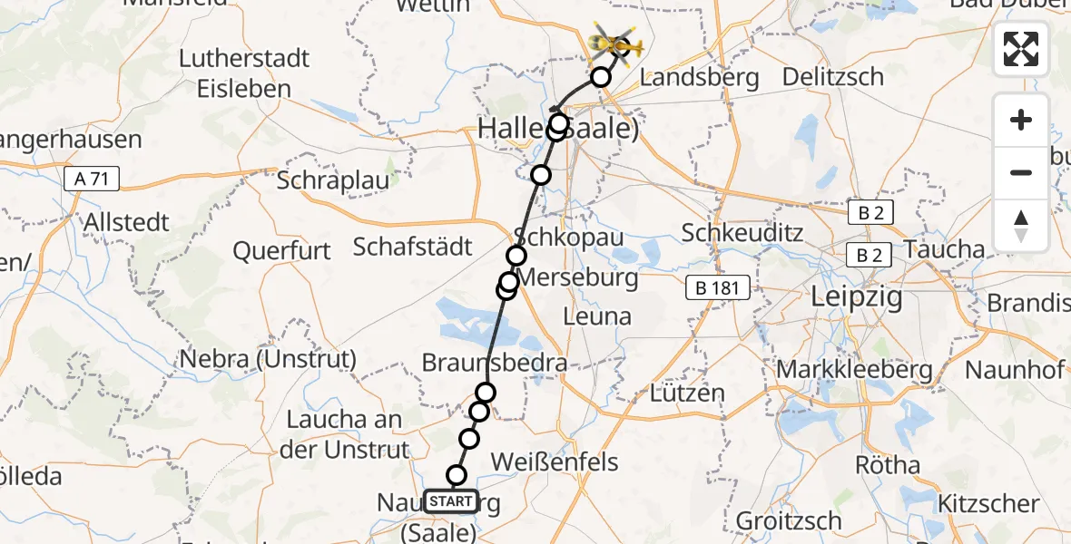Flugroute Rettungshubschrauber Naumburg (Saale) - Halle-Oppin Flugplatz, 22 Mai 2026, 19:03
