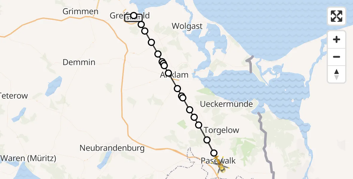 Flugroute Rettungshubschrauber Greifswald Hospital - Pasewalk, 22 Mai 2026, 19:04