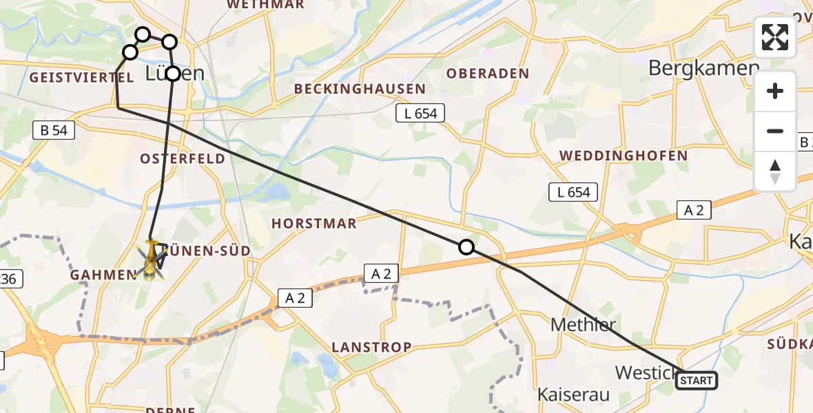 Flugroute Rettungshubschrauber Kamen - Lünen, 22 Mai 2026, 19:08