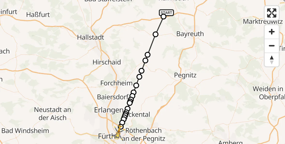 Flugroute Ambulanzhubschrauber Kasendorf - Flughafen Nuremberg, 22 Mai 2026, 19:09