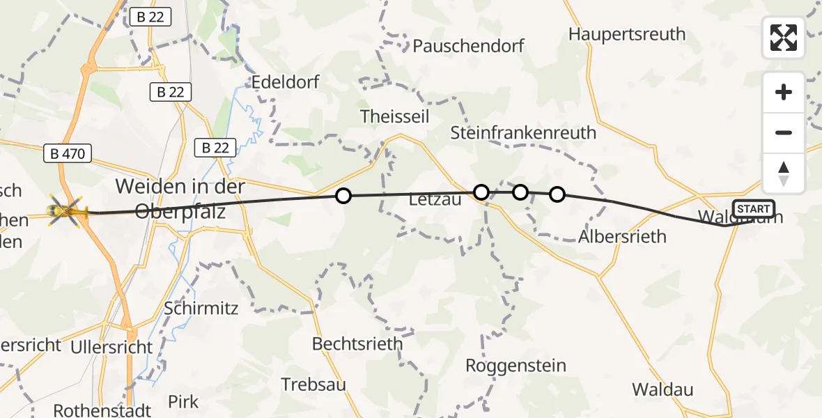 Flugroute Rettungshubschrauber Waldthurn - Weiden i.d.OPf., 22 Mai 2026, 19:10