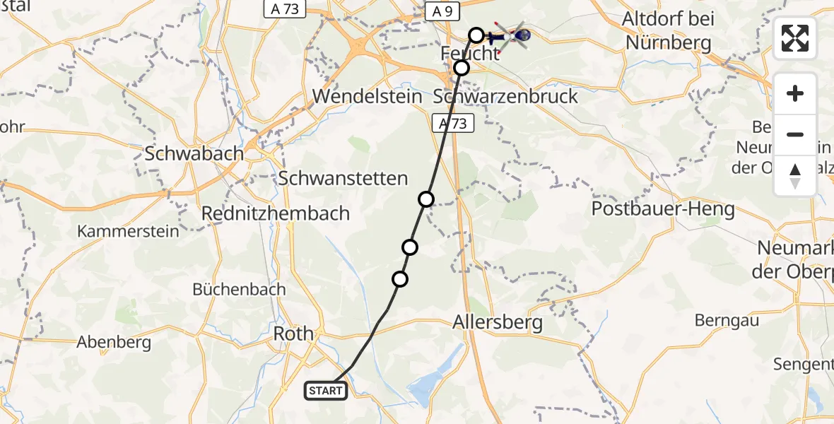 Flugroute Polizeihubschrauber Roth - Feuchter Forst, 22 Mai 2026, 19:11