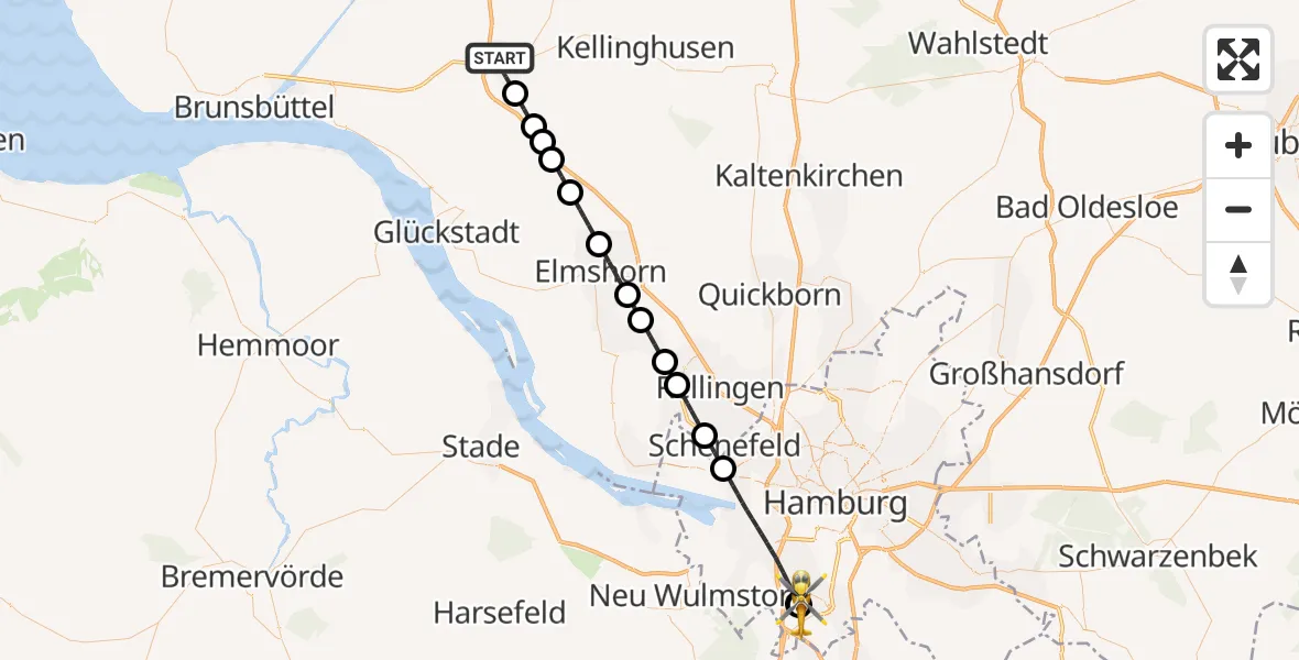 Flugroute Rettungshubschrauber Itzehoe - Asklepios Hospital Harburg, 22 Mai 2026, 19:11