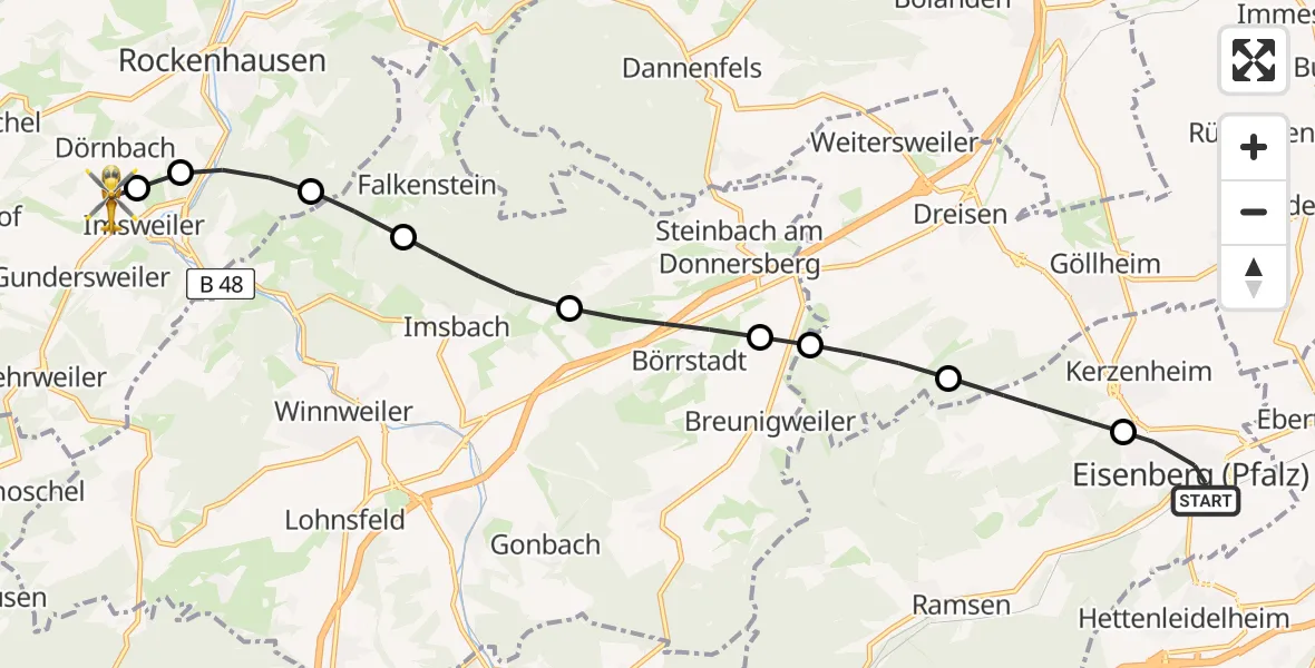 Flugroute Rettungshubschrauber Eisenberg (Pfalz) - Imsweiler UL, 22 Mai 2026, 19:11