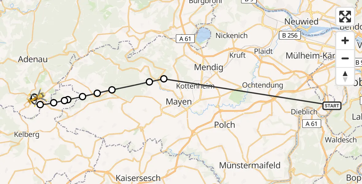 Flugroute Ambulanzhubschrauber Koblenz-Winningen Flugplatz - Nürburgring Hubschrauberlandeplatz, 22 Mai 2026, 19:14