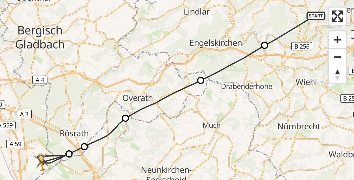 Flugroute Rettungshubschrauber Gummersbach - Köln Bonn Flughafen, 22 Mai 2026, 19:18
