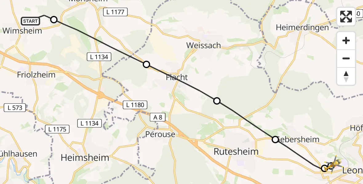 Flugroute Rettungshubschrauber Wimsheim - Leonberg Hospital, 22 Mai 2026, 19:22