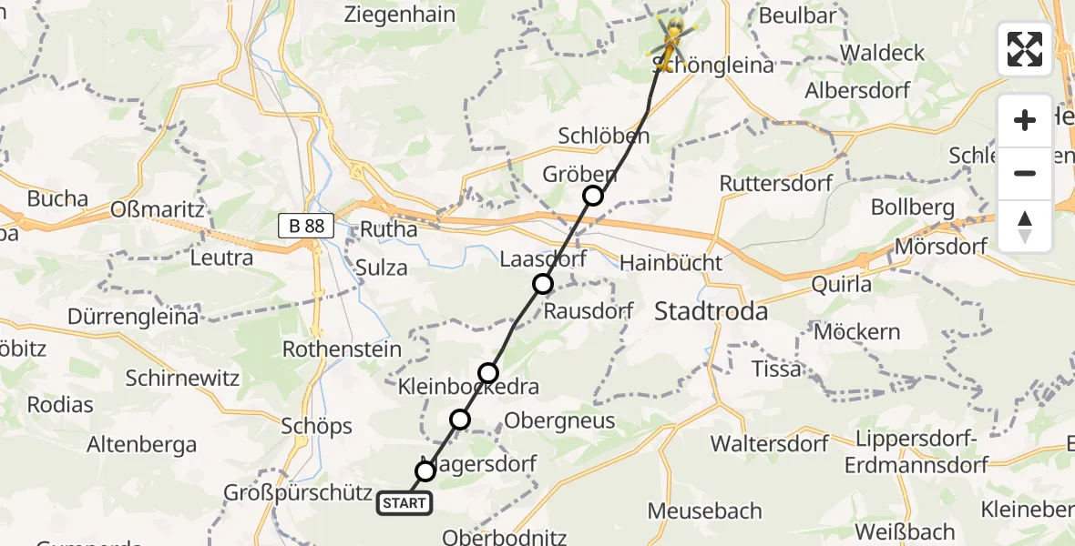 Flugroute Rettungshubschrauber Großpürschütz - Jena-Schöngleina Flugplatz, 22 Mai 2026, 19:25