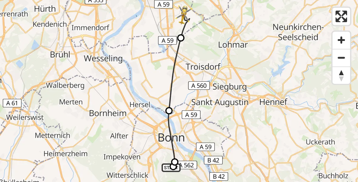 Flugroute Rettungshubschrauber Bonn University Hospital - Köln Bonn Flughafen, 22 Mai 2026, 19:27
