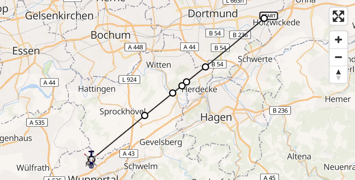 Flugroute Polizeihubschrauber Dortmund Flughafen - Wuppertal, 22 Mai 2026, 19:34