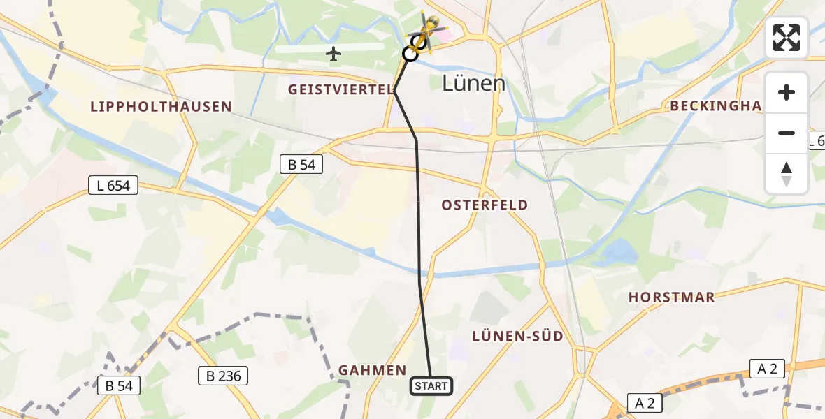 Flugroute Rettungshubschrauber Lünen - Sankt Marien Hospital, 22 Mai 2026, 19:38