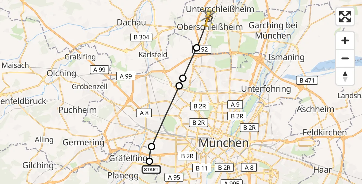 Flugroute Rettungshubschrauber DRF Air Rescue München Hubschrauberlandeplatz - Oberschleißheim, 22 Mai 2026, 19:42